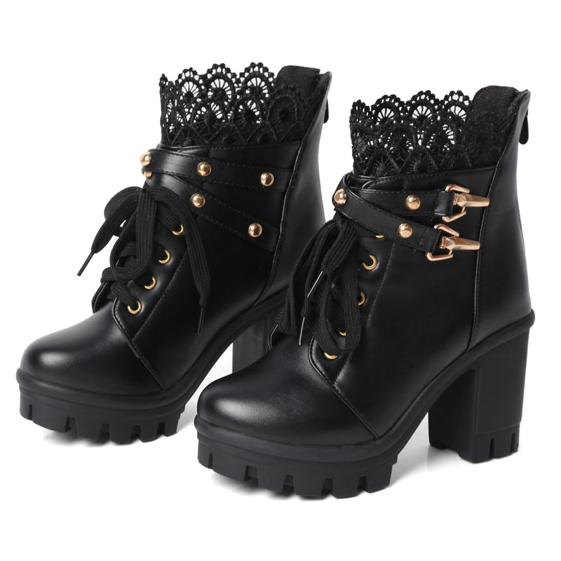 FOREADA Goth Boots Chunky Heel Boot For Women Ankle Combat Booties Black Platform Bootie Buckle Rivets Punk Goth Shoes With Zipper — alternate view