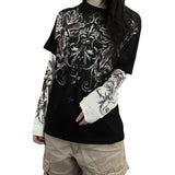 Goth Shirt Gothic Shirt Fake Two-Piece Alternative Clothing Goth Long Sleeve Top Grunge Clothes(BlackLLarge)
