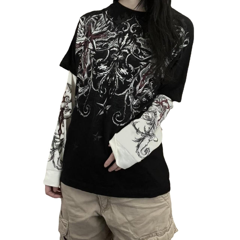 Goth Shirt Gothic Shirt Fake Two-Piece Alternative Clothing Goth Long Sleeve Top Grunge Clothes(BlackLLarge)